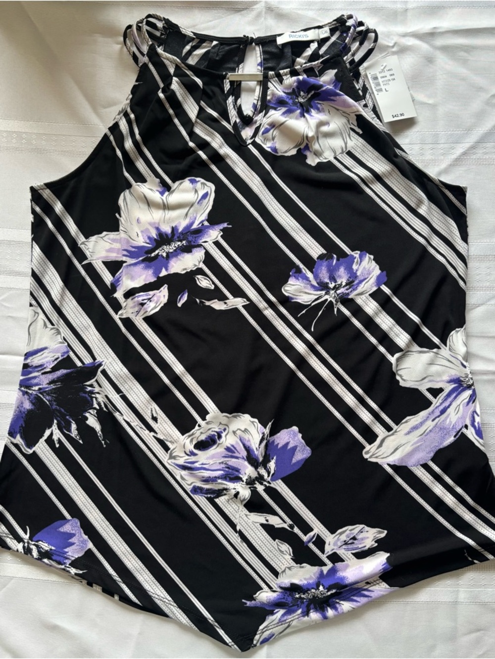 ☀️3 for $25 Ricki's Lg New w/Tags Black Tank Top w/Purple & White Floral Print